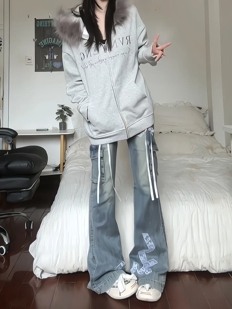 

Женские расклешенные джинсы с кружевным бантом в стиле ретро, крутая уличная одежда с высокой талией для девочек, модные брюки, женские повседневные джинсовые брюки-клеш