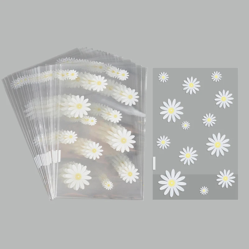 50/100pcs Daisy Flower Candy Bags Transparent Cookie Biscuit Baking Packaging Bag Wedding Birthday Party Gifts Wrapping Supplies