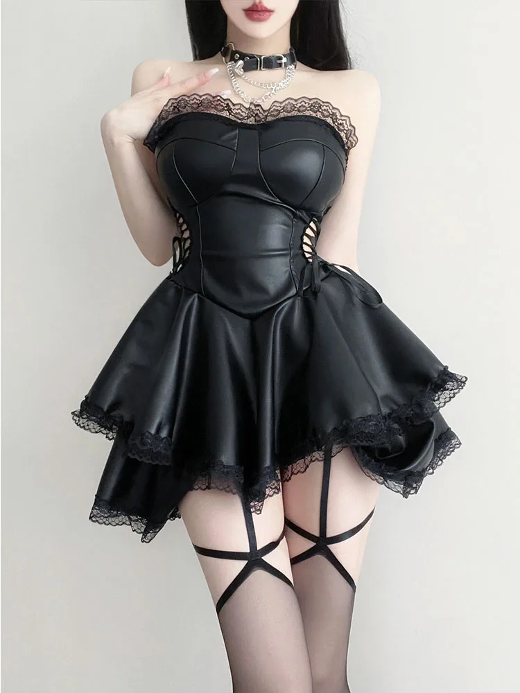 

Sexy Gothic Style Dark Black Lace Blouse Tube Dress Women's Hot Girl Side Waist Hollow out Strap Cake Leather Skirt Suit