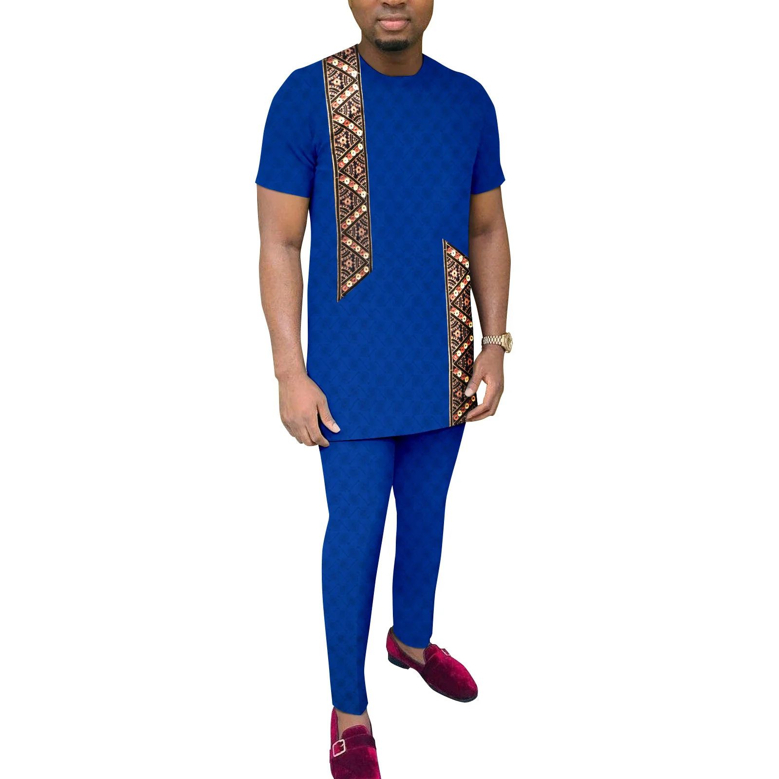 African Men's Suit Wedding 2024 Summer New Men's Set Short Sleeve Round Neck Solid Color Simple Shirt and Casual Pants Two-piece