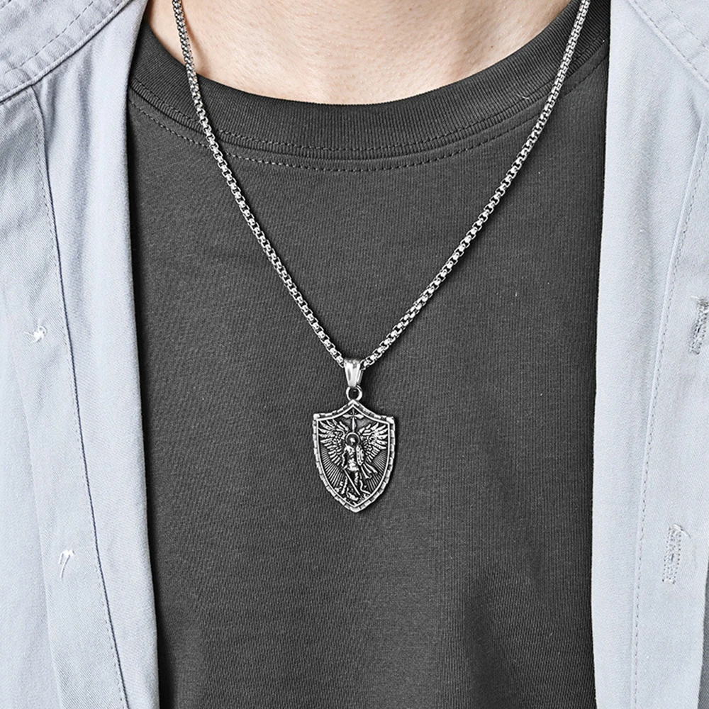 Vintage Saint Angel Shield Necklace Stainless Steel Men Pendant Necklace Classic Archangel Belief Amulet Jewelry Gift Wholesale