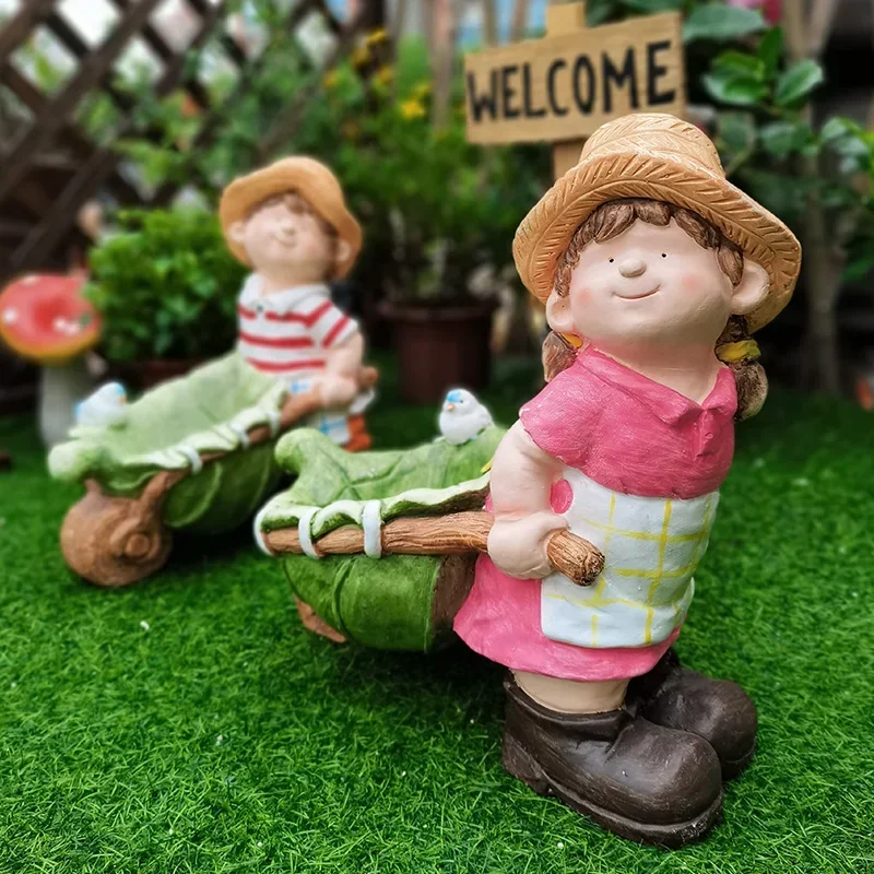 American Country Boy Cart Planter Cartoon Character Garden Decor Outdoor Patio Sculpture Rustic Plant Pot Statue Garden Art