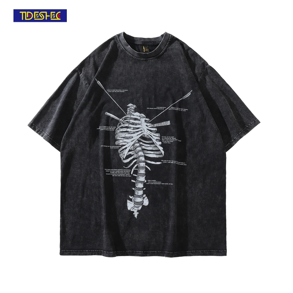 Hip Hop Tshirt Streetwear Men Skeleton Skull Printed Distressed T Shirt 2022 Summer Harajuku Oversize Washed T-Shirt Top Tees