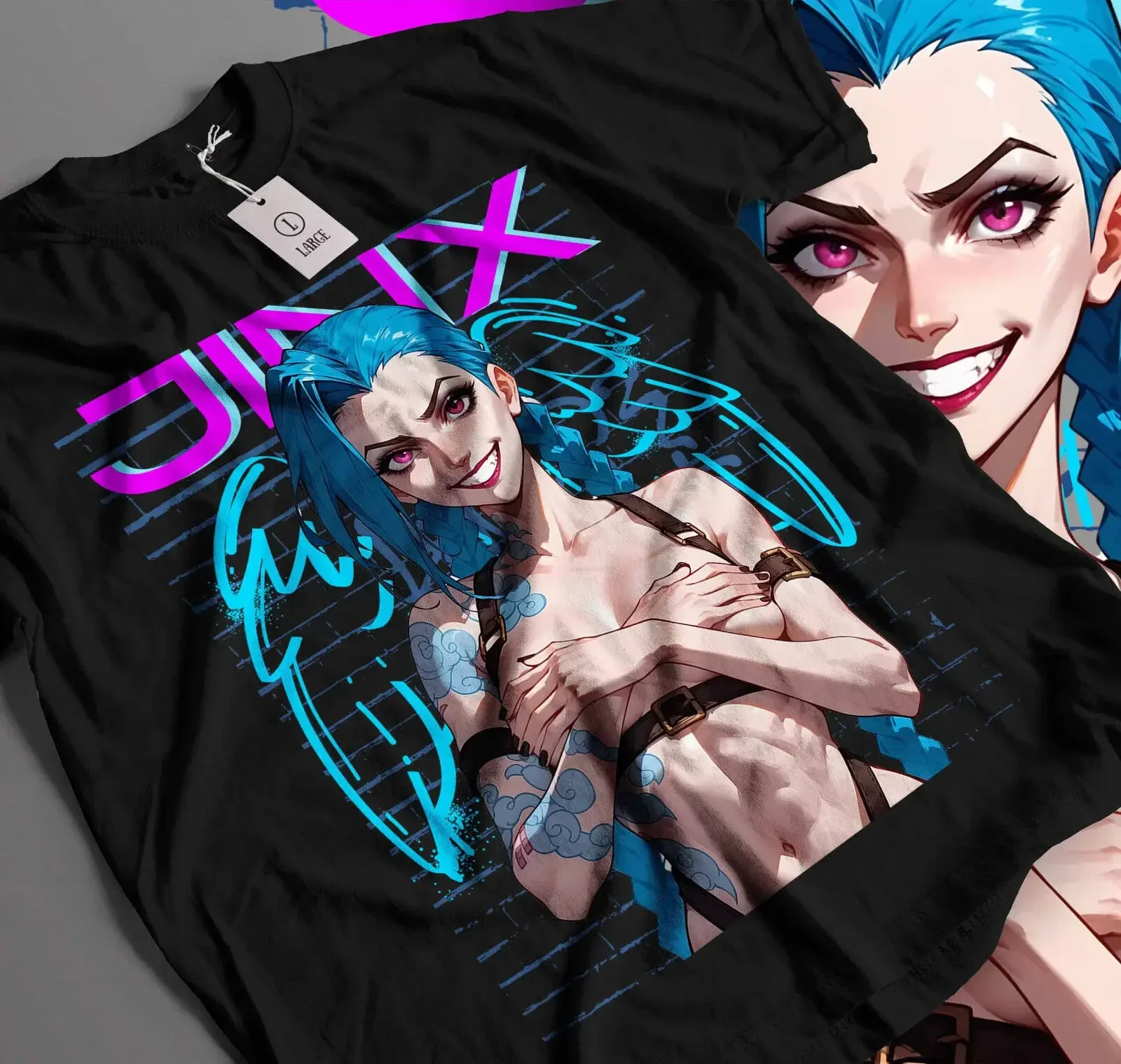 Camiseta Jinx Arcane dibujos animados de Anime japonés Jinx Arcane camiseta gráfica Waifu 102