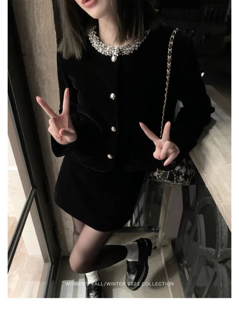 

Sweet Hot Girl Suit Women's Autumn/Winter Velvet O-Neck Short Coat High Waist Mini Skirt Two-piece Set Fashion Female Clothes