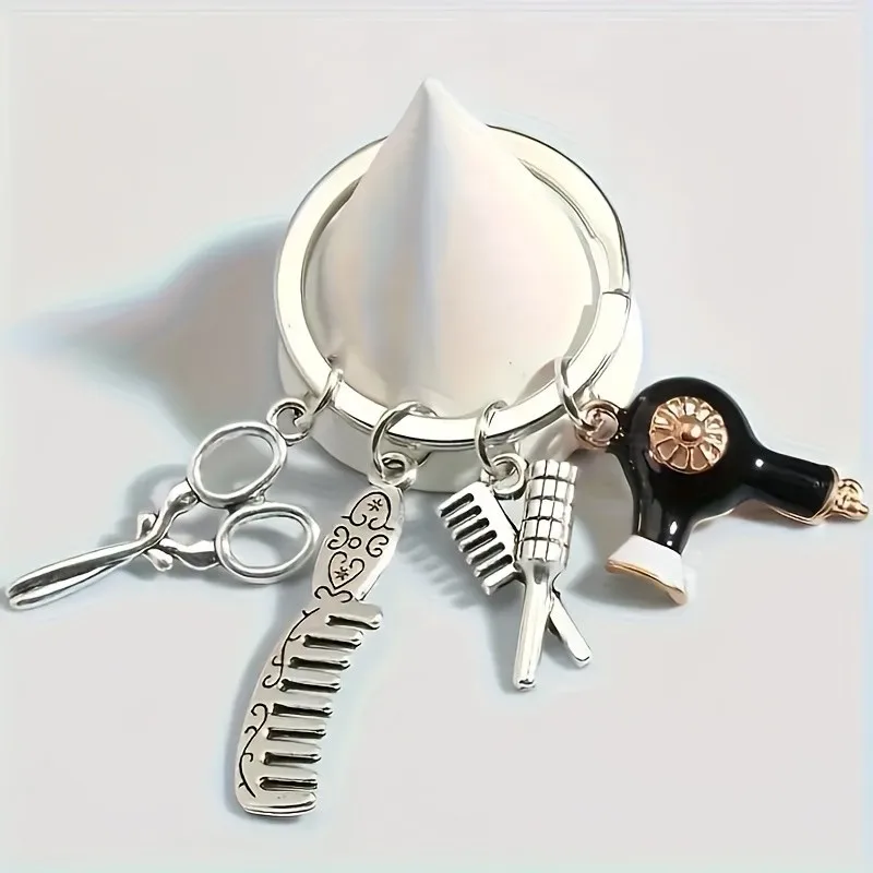 Unisex metal hairstylist keychain with scissors, comb and hair dryer pendant, great bag decor and Mother’s Day gift