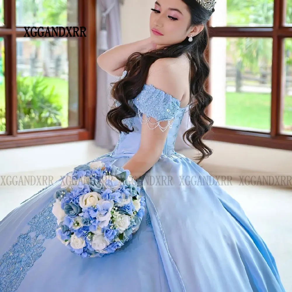 Robes de Quinceanera élégantes bleu Grils doux 15 16 robe de fête d'anniversaire 2025 épaules dénudées chérie dos nu dentelle Applique Miss
