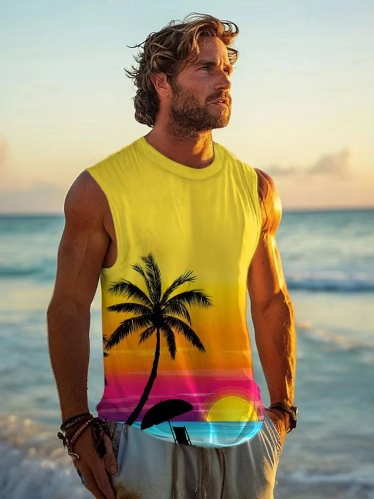 

2025 New Summer Daily Men's Beach Tank Top Hawaiian Seaside Vacation Men's Casual Top Outdoor Running Men's Sleeveless T-shirt