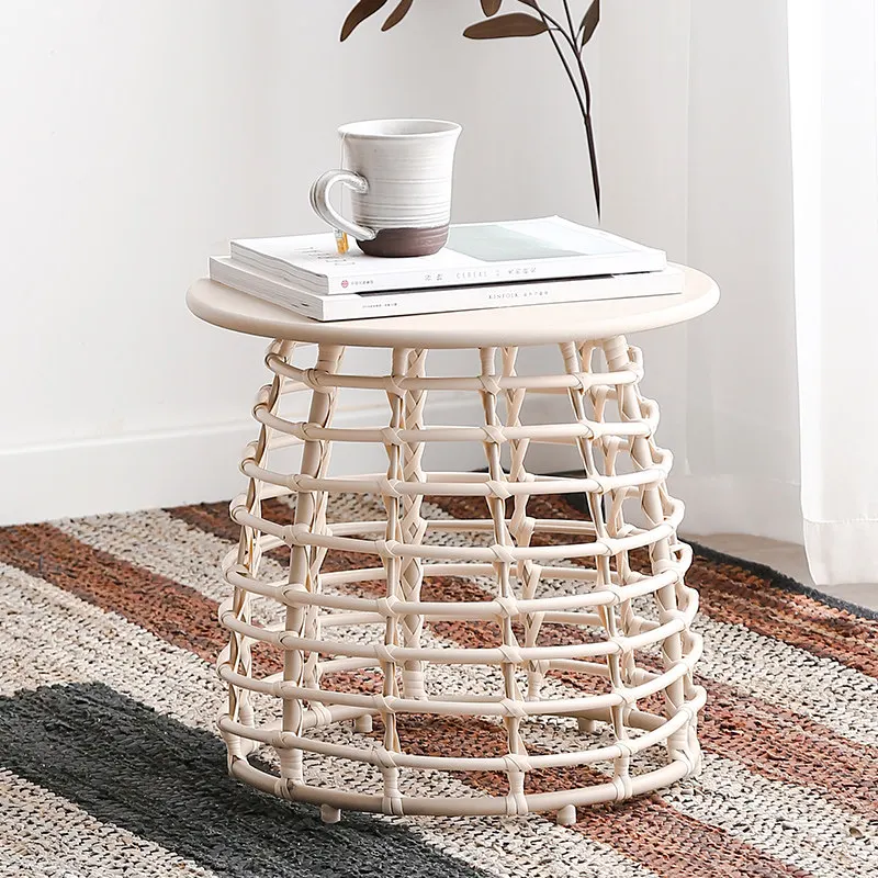 Braided rattan coffee table simple round Nordic living room balcony corner sofa side table bedside table