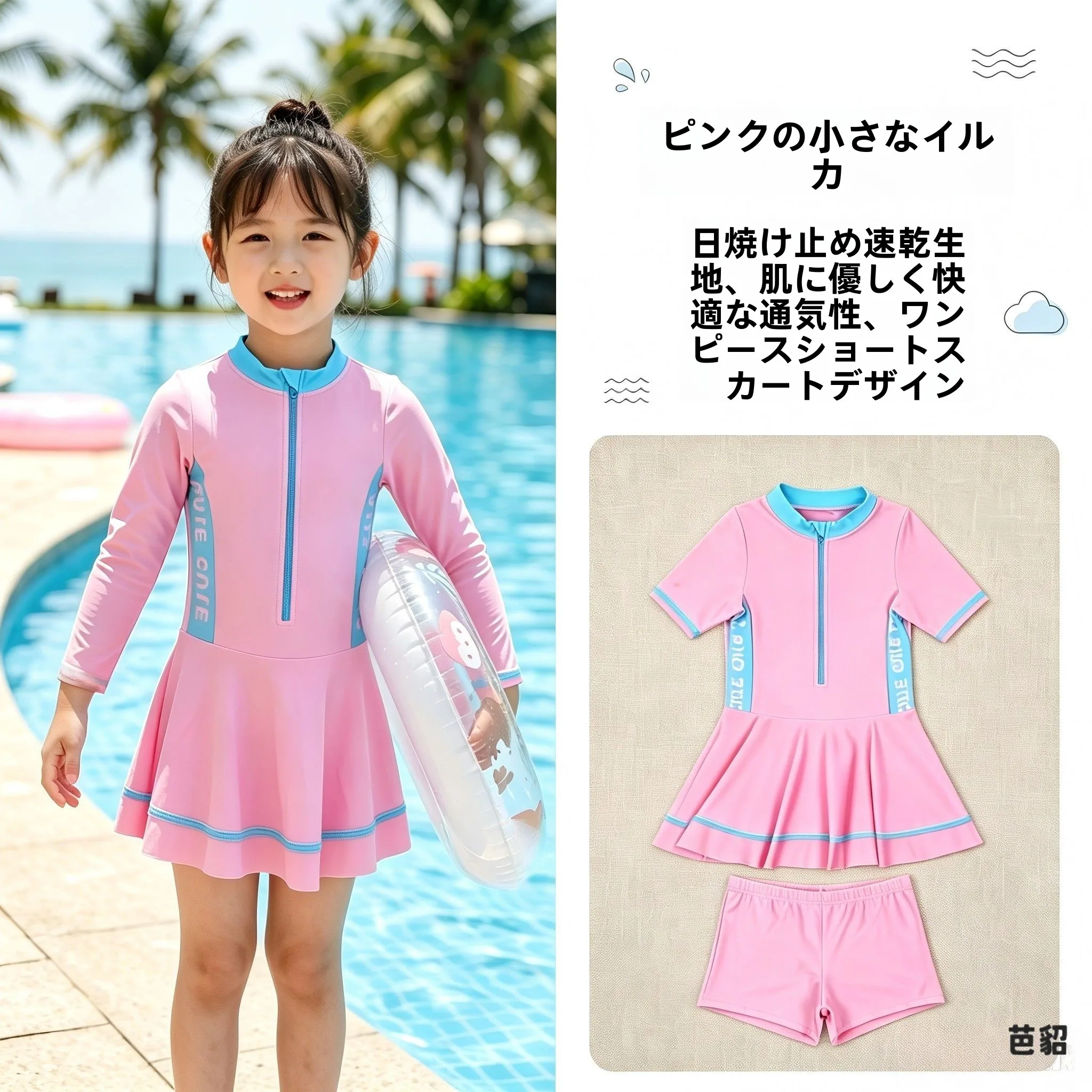女の子用水着-ワンピース-長袖-ビーチプール-速乾性-日焼け止めスーツ-子供服-幾何学模様水着