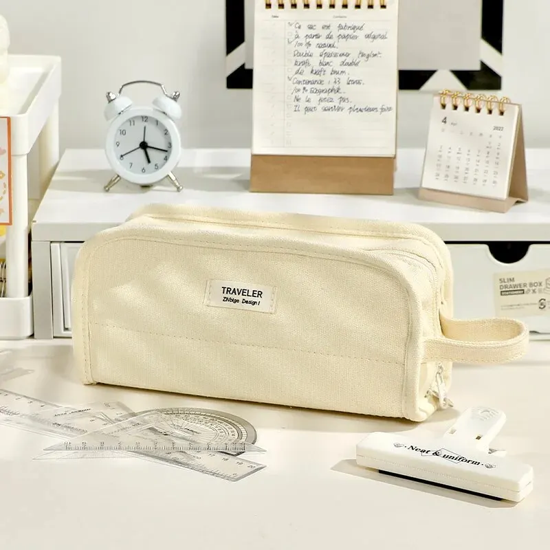 Multifunctional Canvas Pencil Bag with Large Capacity Student Pen Case That Can Stand on Desktop School Supplies