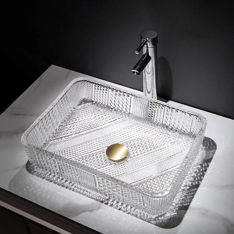 

Plating Die-Casting Art Glass Sink Bathroom Square Crystal Above Counter Basin Bathroom Wash Basin Set Drainage Accessories