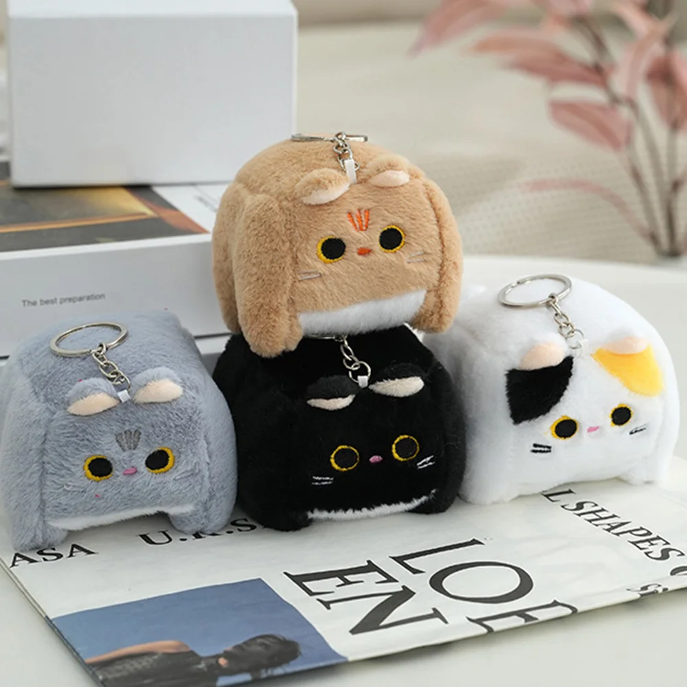 Backpack Keychain Plush Cat Doll Keychians Stuffed Cow Cat Cute Keyrings For Backpack Kawaii Cartoon Small Cat Keychains For Bag