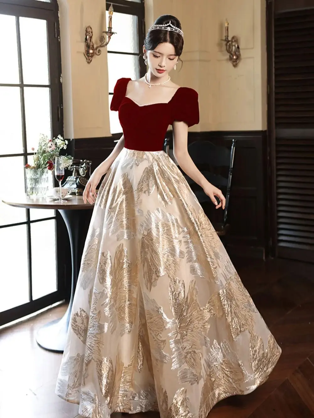 Elegant Evening Dress Women\'s 2024 New Velvet Wine Red Square Collar Puff Sleeved Gown Patchwork Light Luxury A-Line Vestido