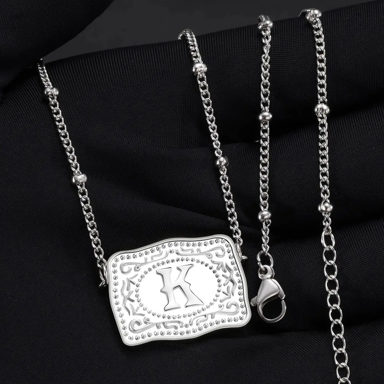 Personalized Embossed Belt Buckle Initial Letter Pendant Necklace for Women Titanium Steel Chain Jewelry Christmas Birthday Gift