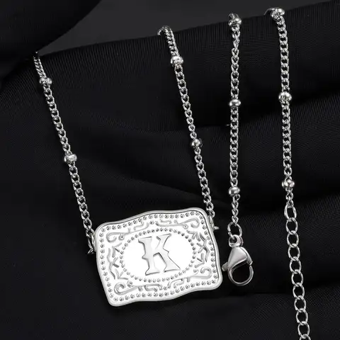 Personalized Embossed Belt Buckle Initial Letter Pendant Necklace for Women Titanium Steel Chain Jewelry Christmas Birthday Gift