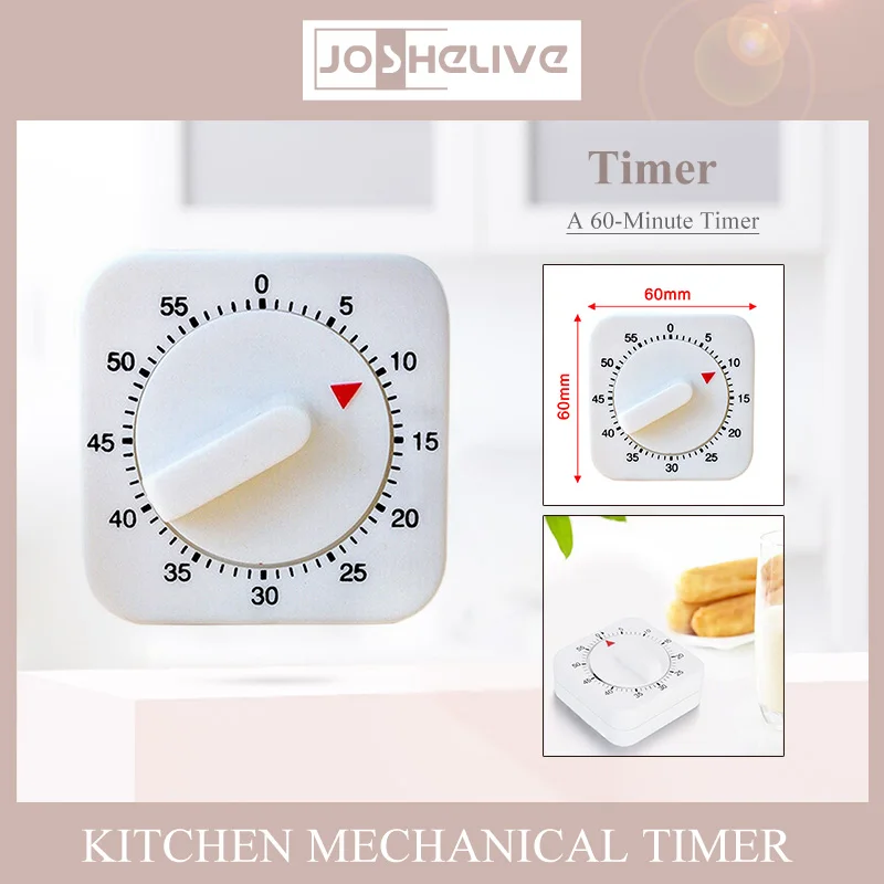 60 Minutes Kitchen Timer Cooking Tools Countdown Alarm Reminder HILIFE Mechanical Timer White Square Portable Bell Alarm