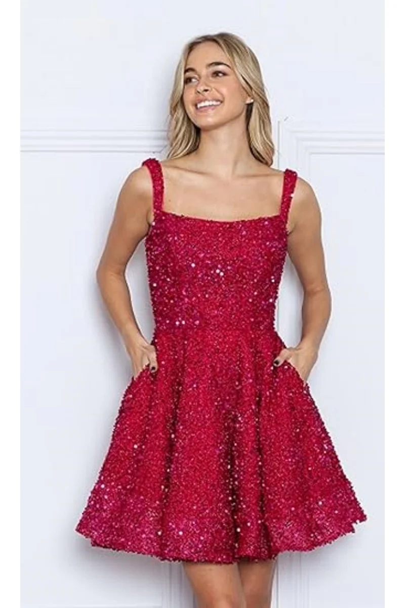 

Square Neck Sequin Homecoming Dresses Short Prom Dress 2024 Teens Sparkly Cocktail Party Gown