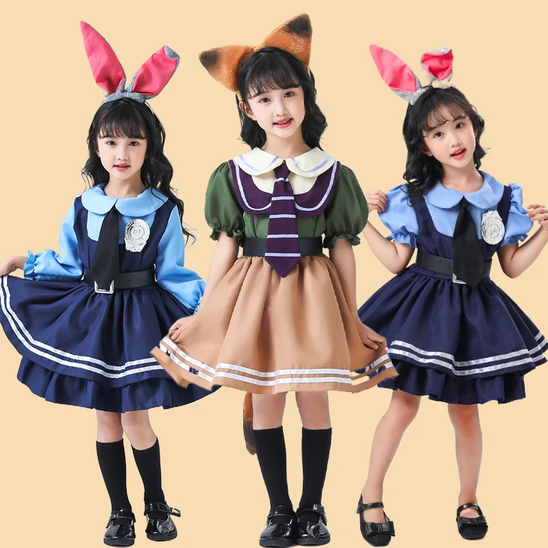 Crianças cosplay traje judy ni coelho policial roupa headwear desempenho roupas calças saia m fem versão