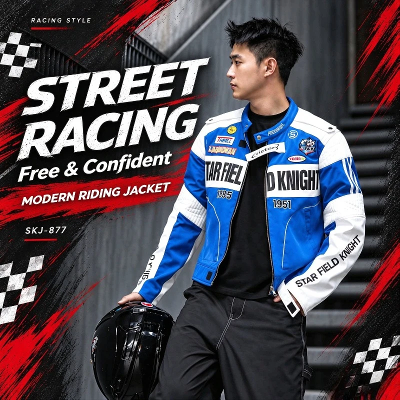 STARFIELD KNIGHT Motorcycle Riding Jacket Men Stand Collar Embroidered Patchwork Racing Style All Season Biker Coat