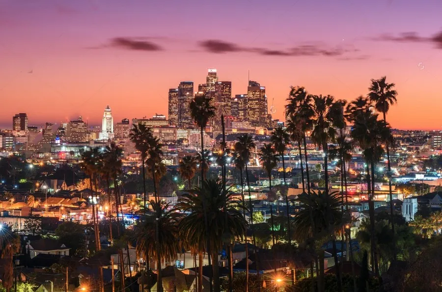 Fondos de palmeras del horizonte del centro de Los Ángeles de Hollywood Sunset, fondos de estudio de fotografía escénica con impresión por ordenador