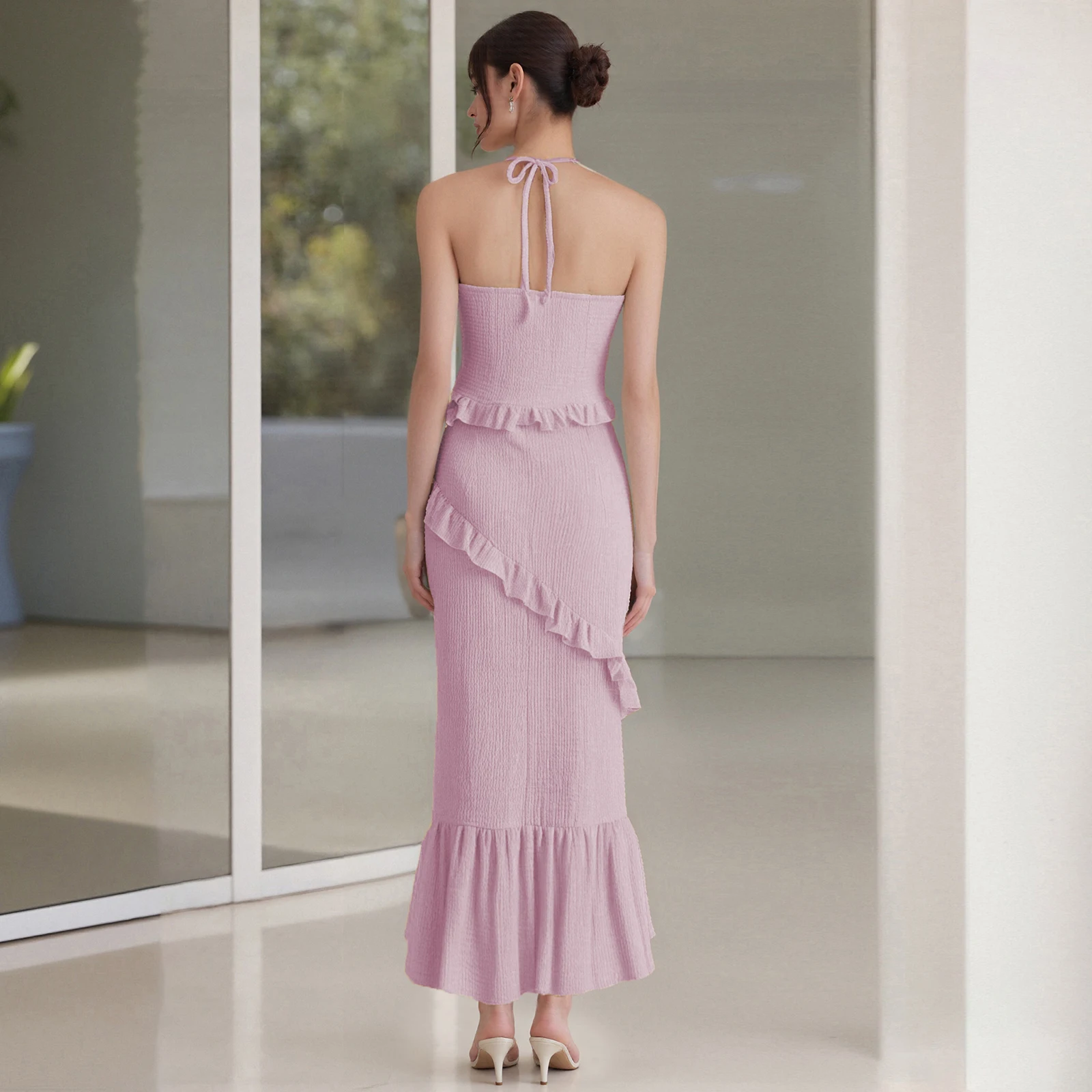 여성 여름 의상 솔리드 컬러 컷 아웃 홀터 탱크 탑 프릴 롱 스커트 세트 파티 의류