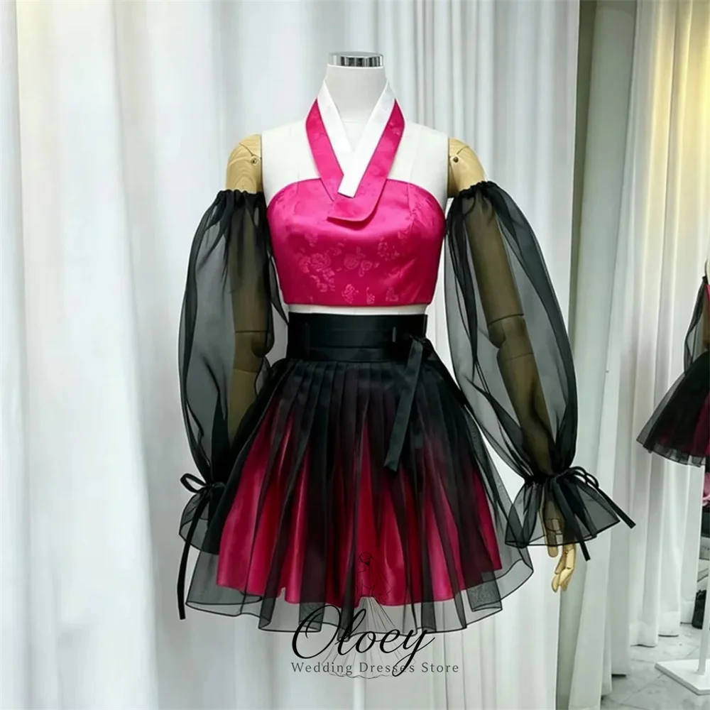 OLOEY Hanbok Modern Contrast Color Detachable Puff Sleeve Halter Korea Wedding Photo Shoot Dress A-Line Party Dress Customized