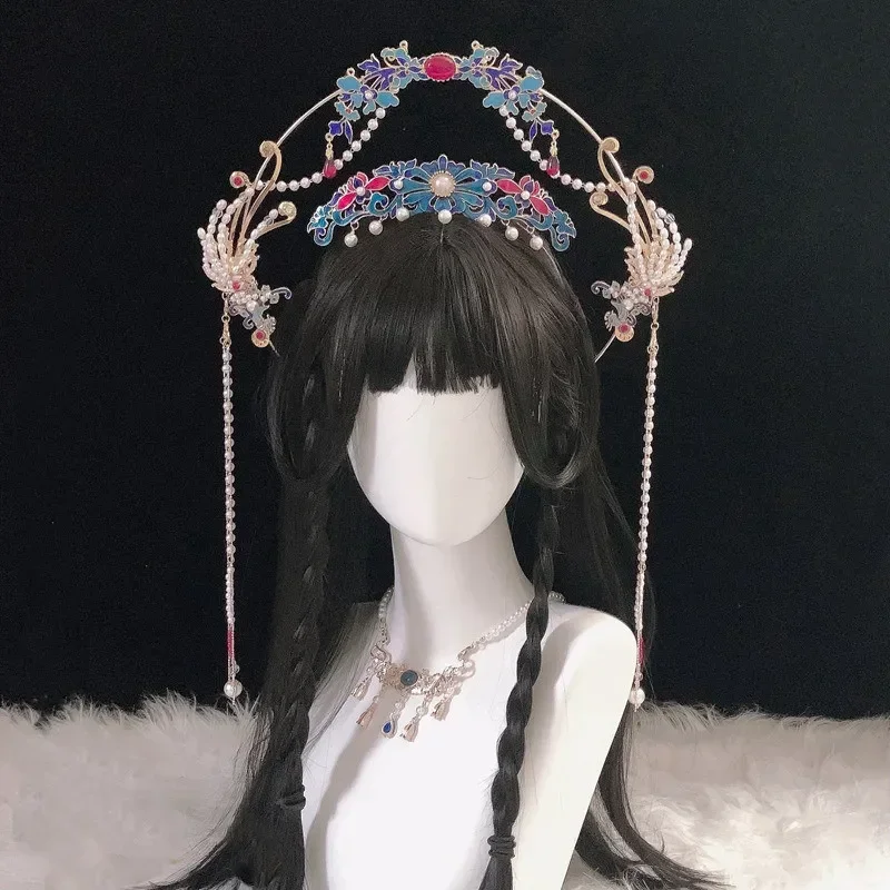 

Chinese Style Halo Crown Chinoiserie Ming-made Headdress Cloisonne Step-shaking Burning Blue Headpiece Ancient Hanfu Headband