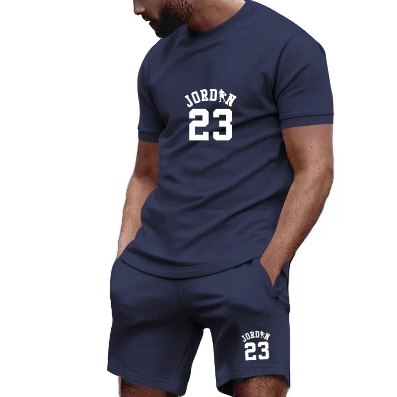 

Men's two-piece sports outfit (short-sleeved T-shirt and long pants) sporty casual wear for running and fitness,summer new style
