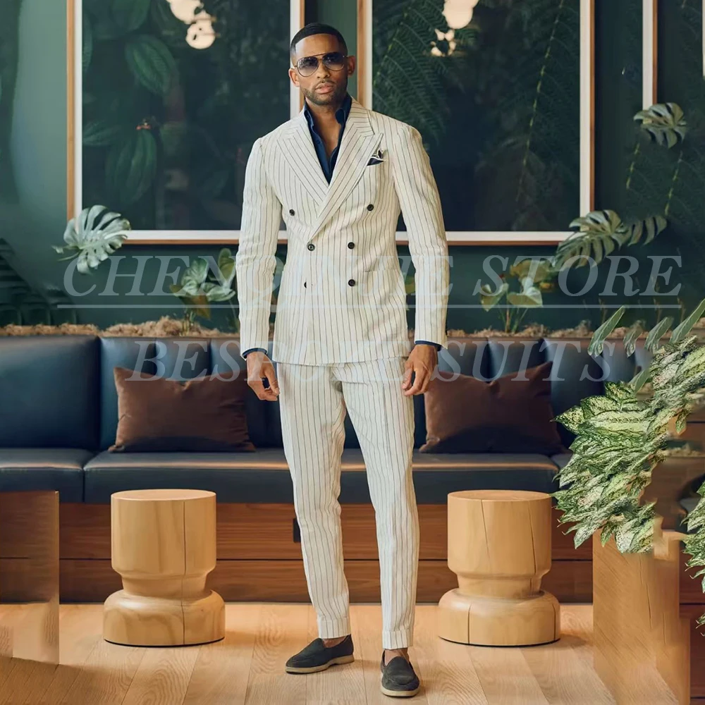 

Luxury Men's Suits Pinstripe Double Breasted Peak Lapel Slim Fit 2 Piece Jacket Pants Sets Elegant Male Clothing Wedding Blazer