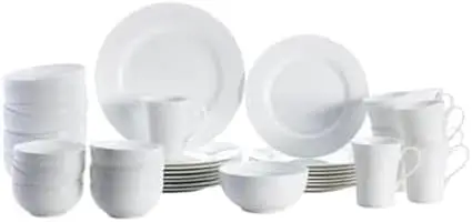 

Delray 40-Pc White Dinnerware Set for 8 – Durable, Microwave & Dishwasher Safe Porcelain