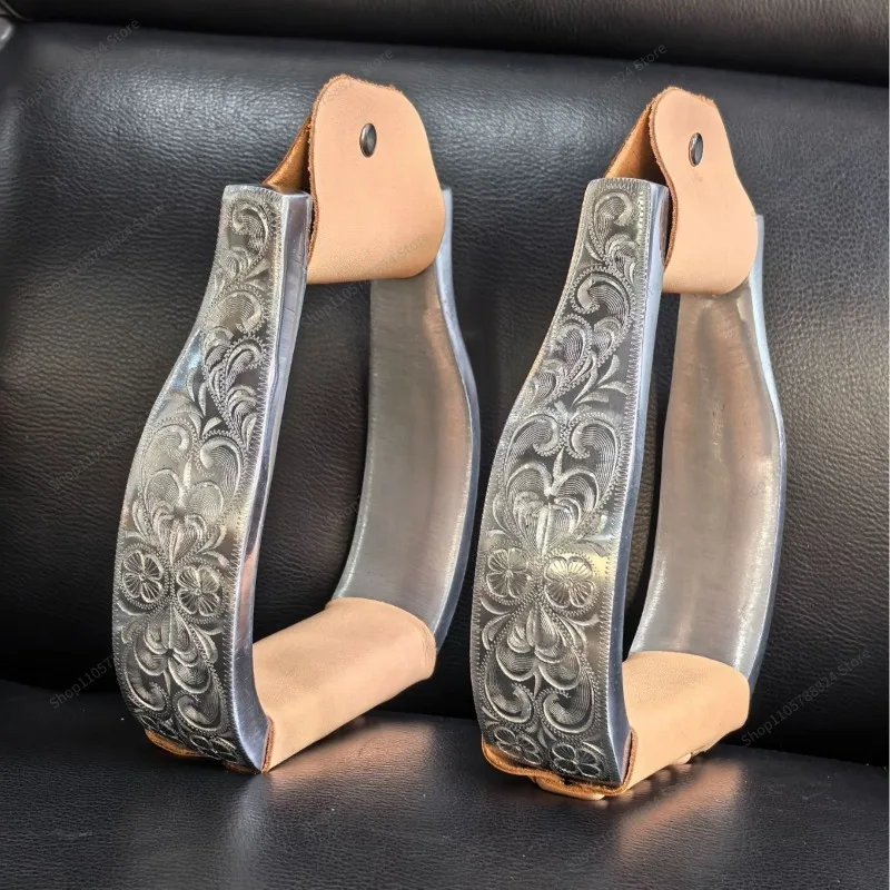 For Carved Aluminum Stirrups, Thickened Aluminum Alloy with Cowhide Pads, Pommel Pedals, Equestrian Riding Saddle Accessories