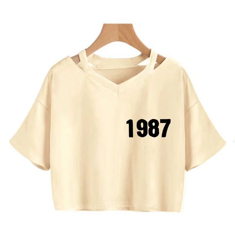 Fashionable Korean Alphabet Pattern Crop Tops V-Neck Short Sleeves Cropped T Shirt with 1987 Print Women's Sexy Tshirt Clothes