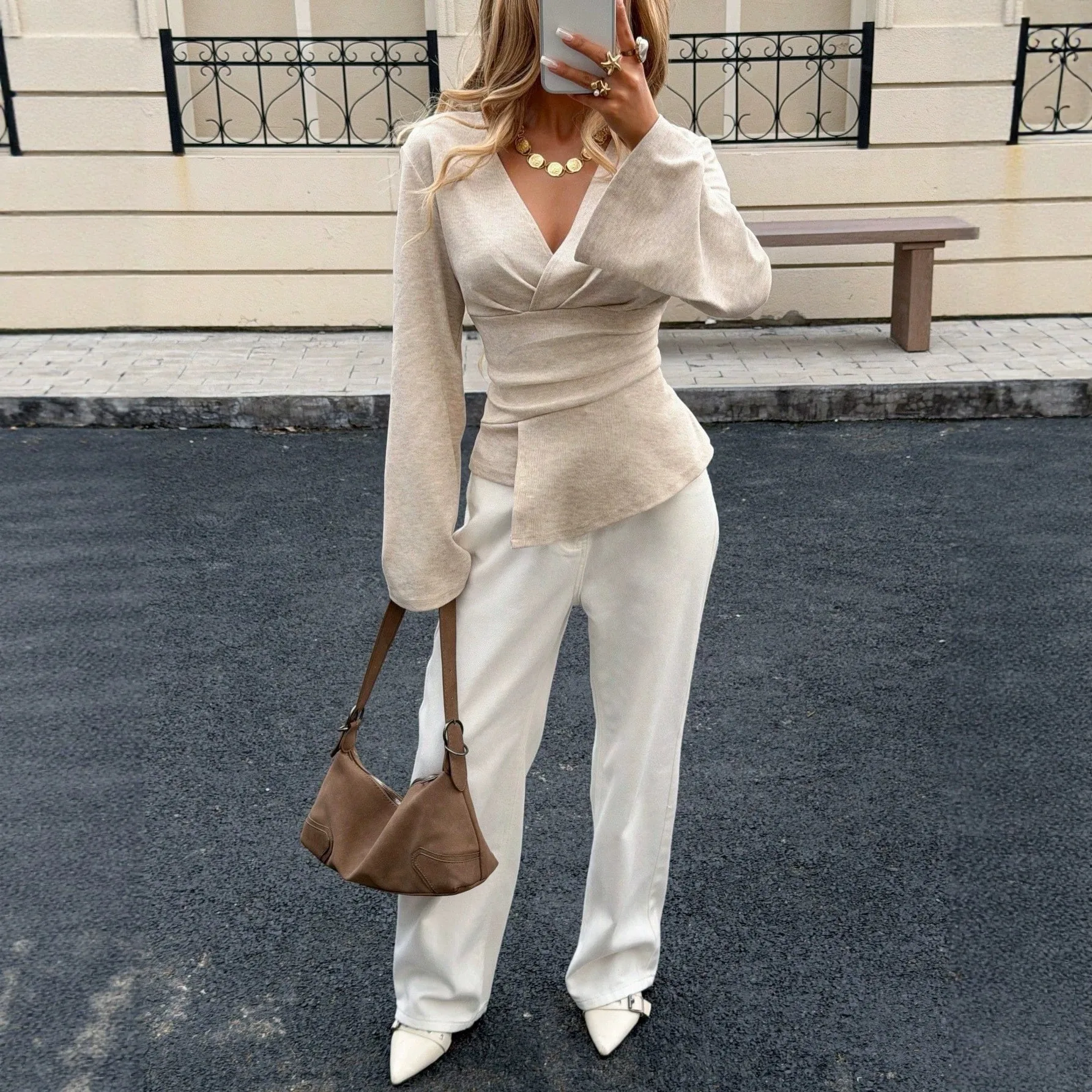 Women's Casual V Neck Solid Color Knit Sleeved Blouse T Shirt with Waist Cinching and Asymmetrical Hem Women T-shirt Wrap Front