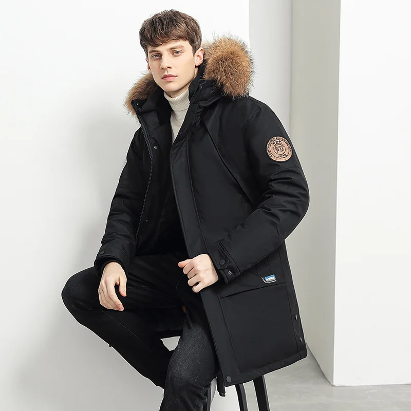 2026 same medium and long men's down jacket, thickened youth winter clothing, large fur collar, domestic