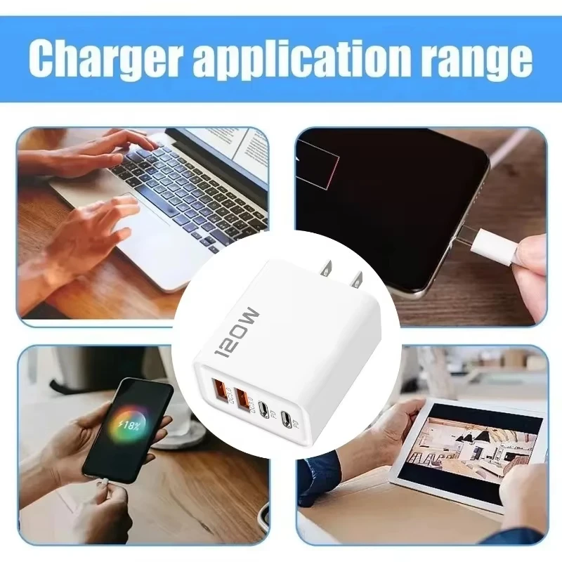 PD 120W 4 Ports USB C Charger Quick Charge 3.0 Type C USB Phone Chargers Fast Charging Adapter for Samsung iPhone Xiaomi Huawei - náhled 6