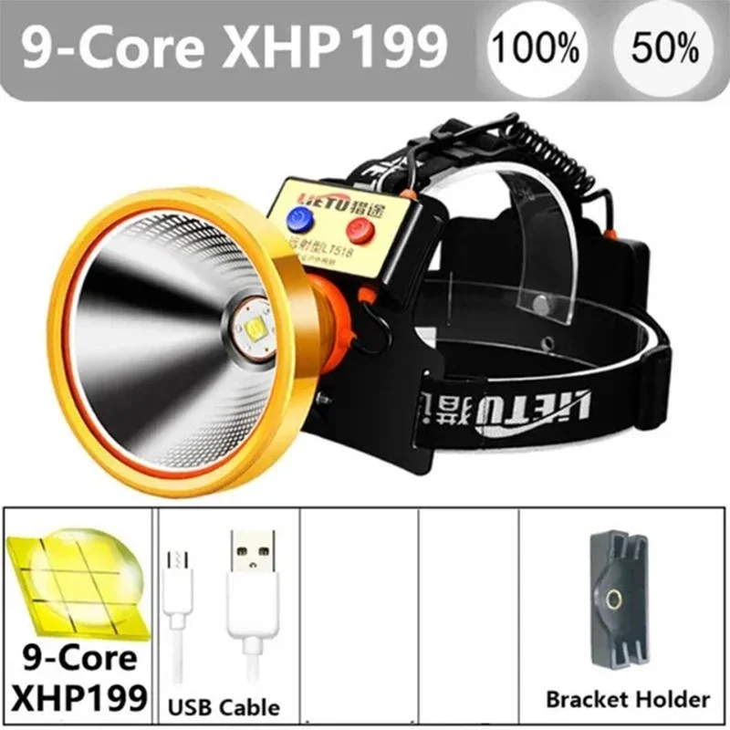 Powerful XHP199 Yellow/White Light LED Headlamp USB Rechargeable Headlight Waterproof Head Lamp for Camping Hiking Hunting