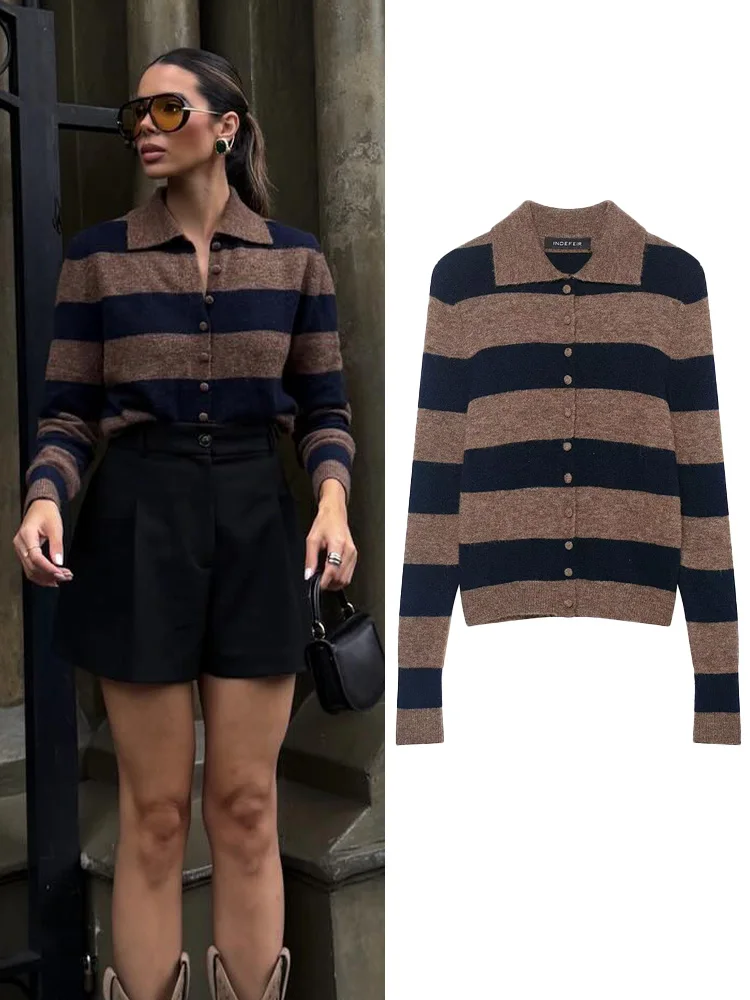 

Женский весенний модный полосатый вязаный кардиган-пальто в стиле High Street, повседневная куртка с длинным рукавом, воротником поло и однобортной застежкой