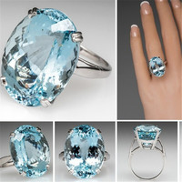 Luxury Silver Color Inlaid with Blue Stone Rings Round Fashion Engagement Wedding Party Rings for Women Jewelry