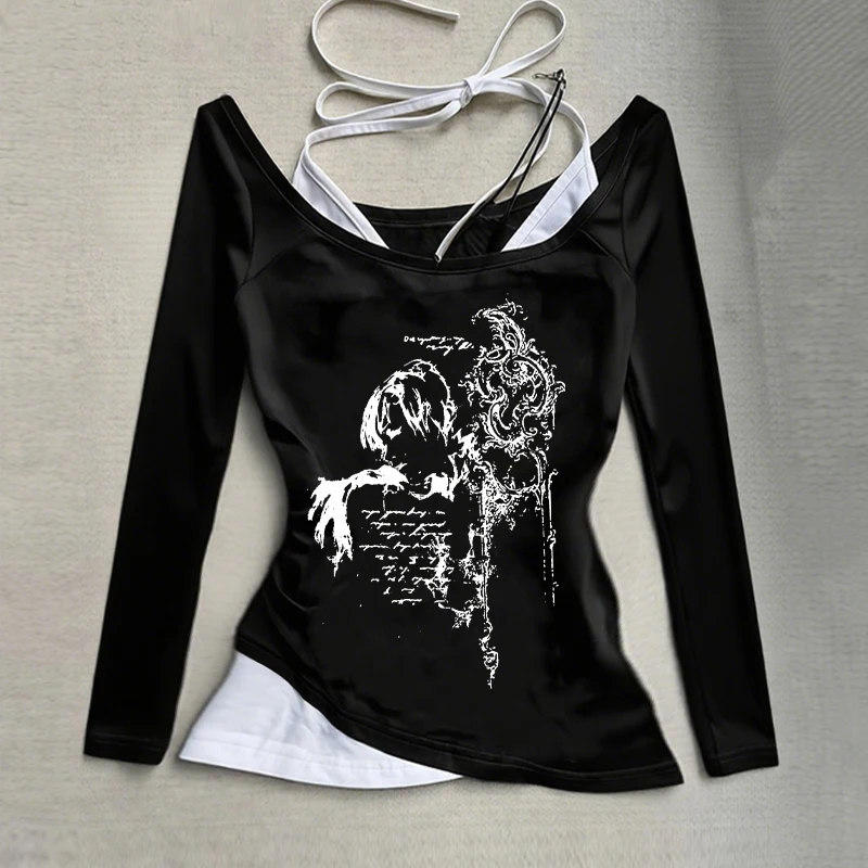 

New outdoor autumn and winter flower fish print emo casual hanging collar off shoulder fake two-piece set long sleeved shirt