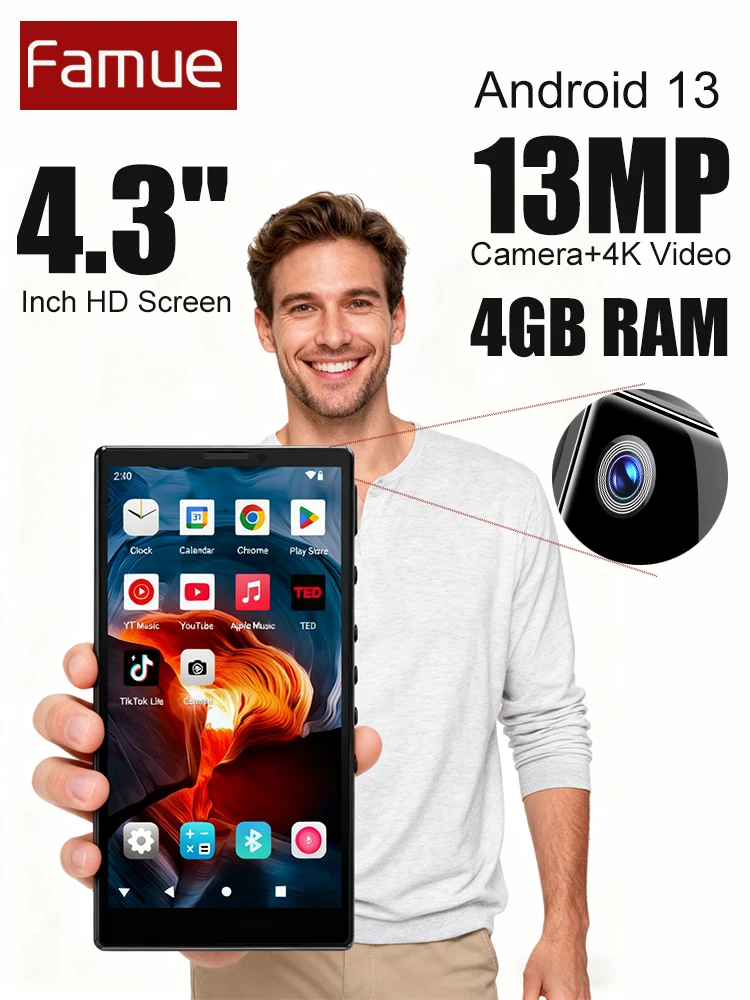 

Famue BF85 Android 13 MP3 Player 4.3 Inch Screen 13MP Camera 4K Video Recording 4GB+32GB Octa-Core 1TB Expandable Bluetooth 5.0