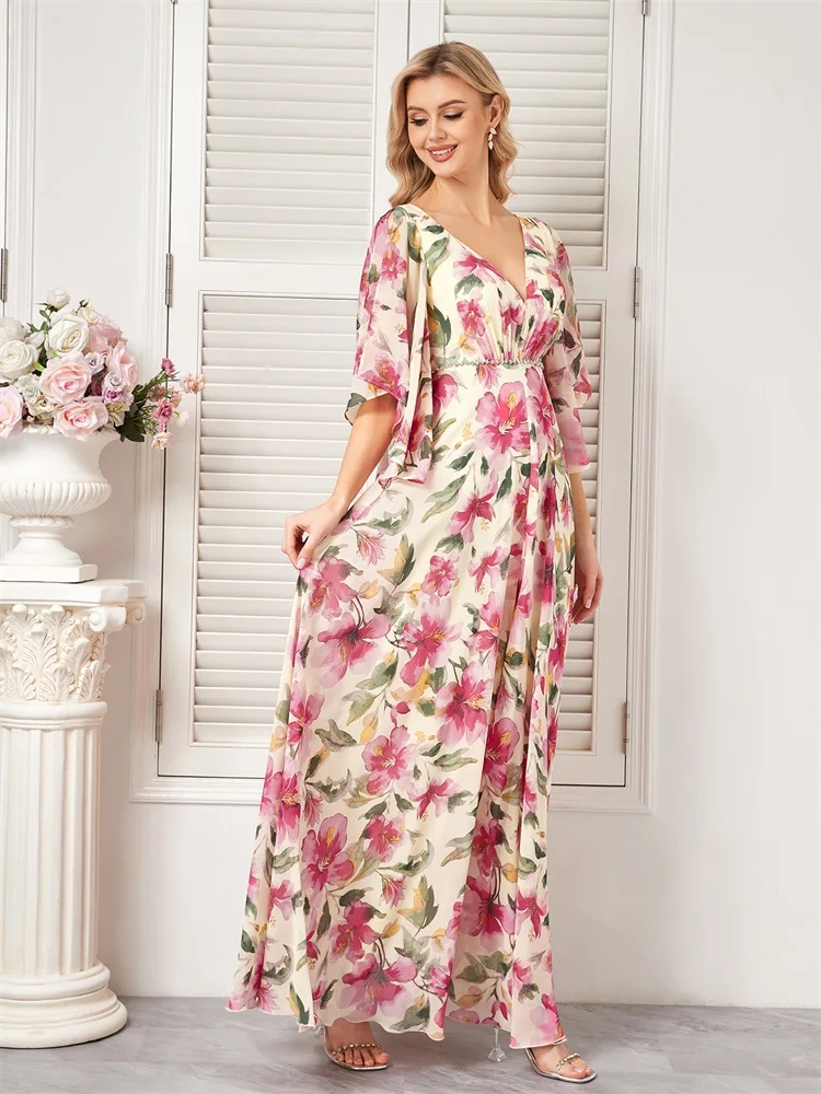 XUIBOL-Robe de soirée élégante en mousseline de soie pour femme, tenue de luxe, à manches évasées, à la mode, pour mariage, demoiselle d'honneur