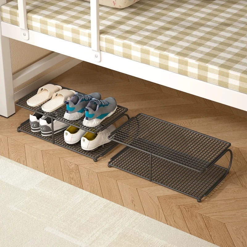 Double Layer Shoe Rack Metal Space Saving Shoe Organizer Dorm Student Bedroom Shoe Storage Shelf Black Household Holder