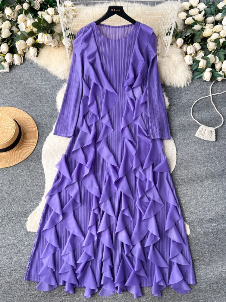 Women Elegant Ruffles Party Dress Spring Autumn Long Dress Loose Oversized Pleated Long Dresses Ladies Solid Vintage Long Robe