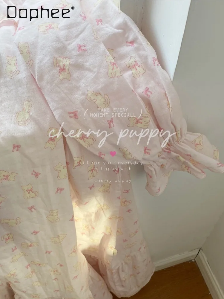 Korean Gentle Girl's Style Cartoon Printed Lotus Leaf Square Collar Nightdress Bubble Sleeve Loose Nightdress Women's Homewear