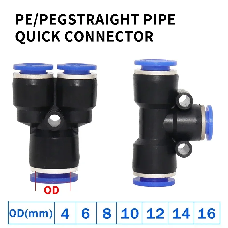 Złączki pneumatyczne typu T i Y serii PE, 3-drożne, do rur i węży powietrznych, szybkozłączki, rozmiary 4 6 8 10 12 16 mm.