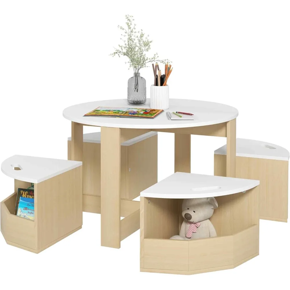 Kids Table and Chairs Set, 5 Piece Toddler Table and Chairs Set with Storage for Art, Craft, Drawing, Playroom, Classroom