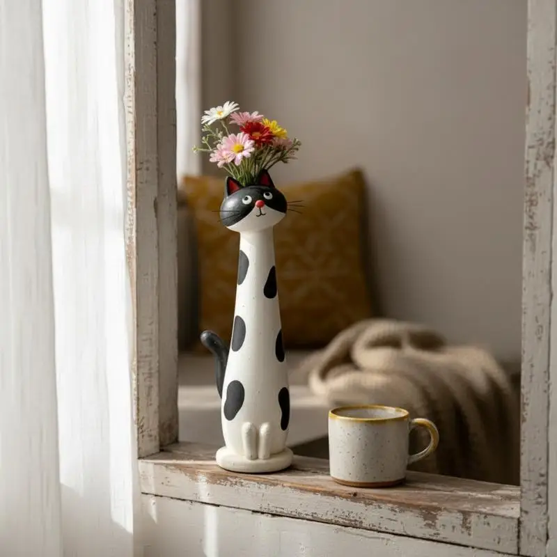 Cat Shaped Resin Vase 1PC Long Neck Cat Figurine Ornament Stylish Flower Container for Living Room Office Decor