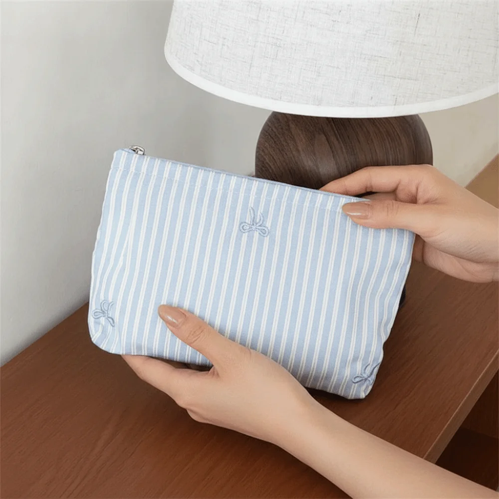 Classic Stripes Makeup Pouch Embroidered Pattern Smooth Zipper Cosmetic Organizer Washable Cotton Soft Canvas Toiletry Bag