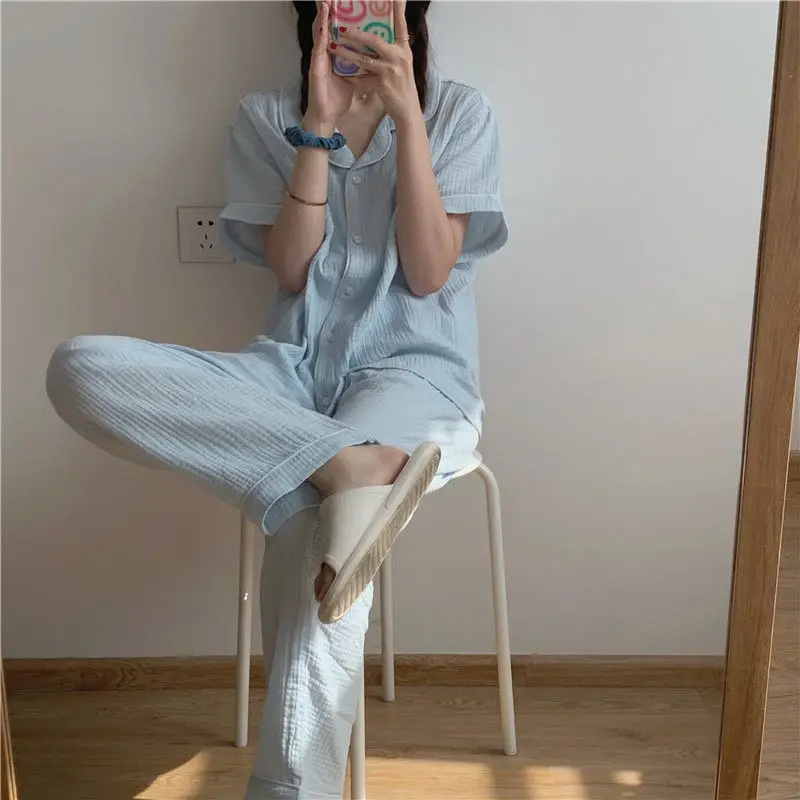 

Women Solid Pajama Sets Short Sleeve Tops and Long Trousers Spring Autumn Casual Sleepwear Female Daily Home Pajamas Soft Lounge